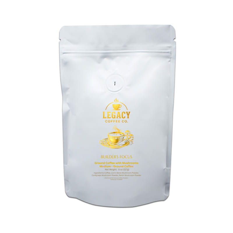 Builder's Focus - pairs specialty-grade coffee with Lion’s Mane, Cordyceps, and Reishi for a smooth, full-bodied cup with subtle earthy depth and rich character